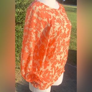 Pippa SHEER 100% Silk Blouse, 4, Billowy, Abstract Floral, Coral, Raglan